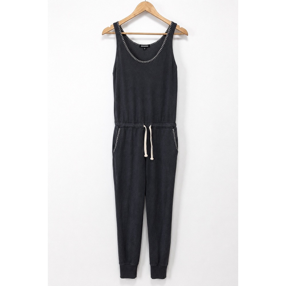 MONROW Supersoft Tank Jumpsuit XS Charcoal Gray Drawstring Lounge Romper Revolve